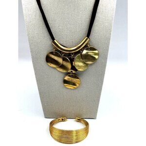 Vintage Gold-Tone Necklace & Bracelet Set With Disc Charms & Suede Cords